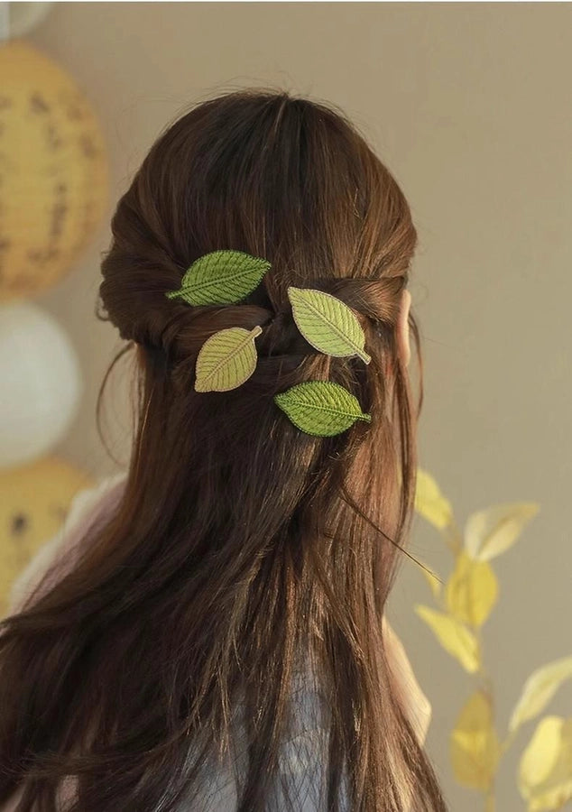 Embroidered leaves! Fresh hairpin! Exquisite bangs clip forehead high-grade Leaf side clip headdress broken hairpin