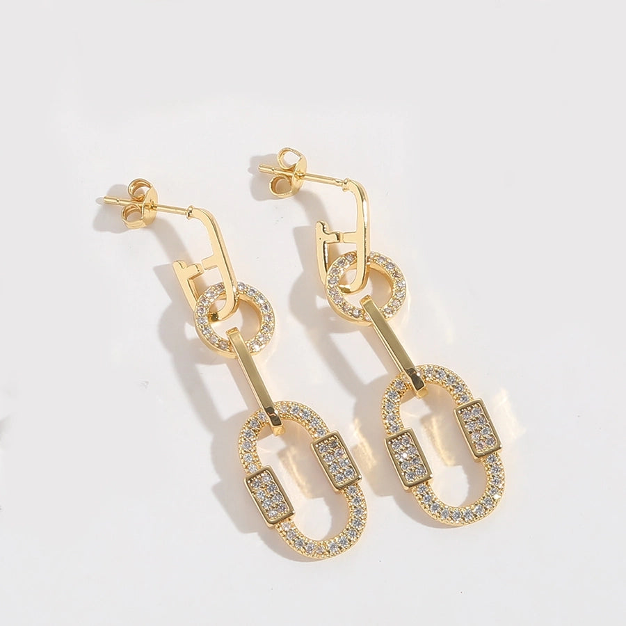 1 Pair Elegant Retro Pentagram Oval Plating Inlay Copper Zircon 14K Gold Plated Drop Earrings