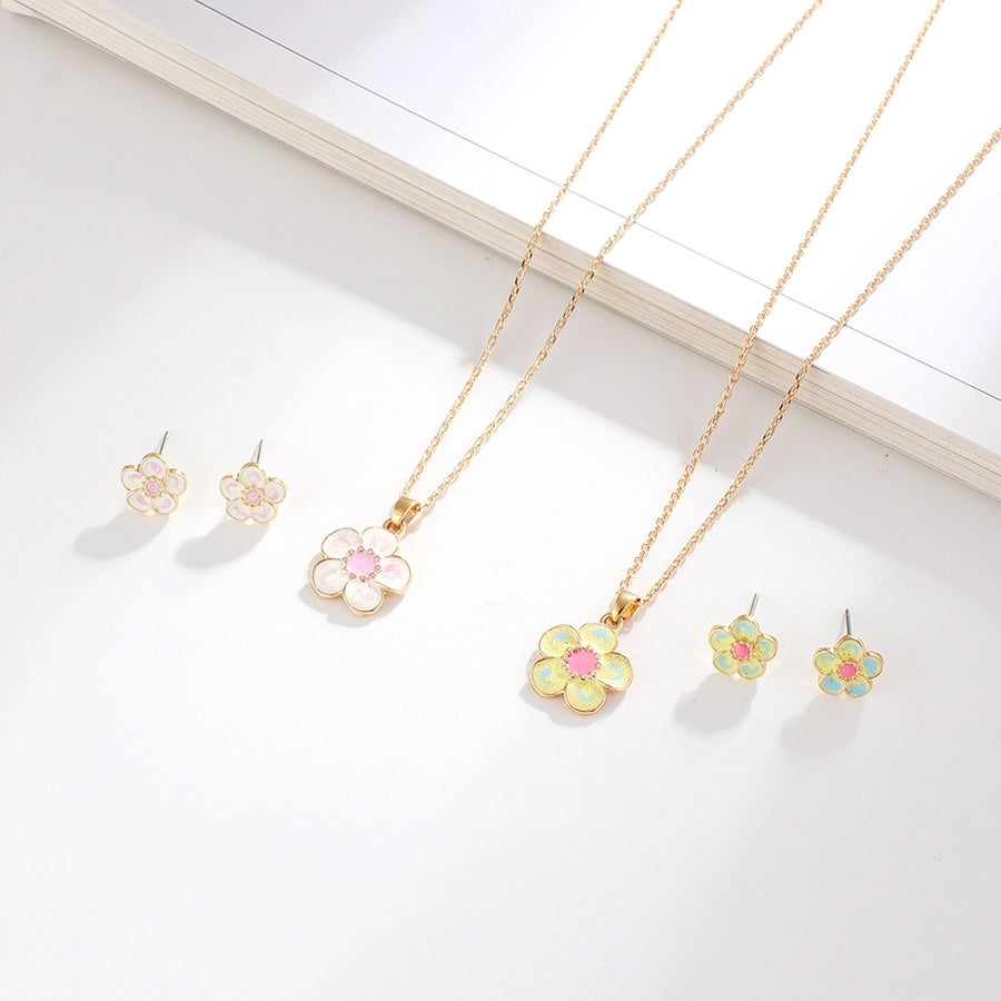 creative children's jewelry set cartoon flower jewelry set alloy drop oil necklace earrings two-piece set