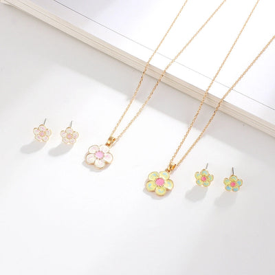 creative children's jewelry set cartoon flower jewelry set alloy drop oil necklace earrings two-piece set