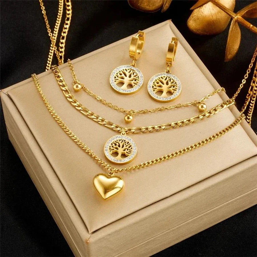 Jewelry IG Style Tree Heart Shape 316 Stainless Steel  Zircon Hollow Out Inlay Jewelry Set