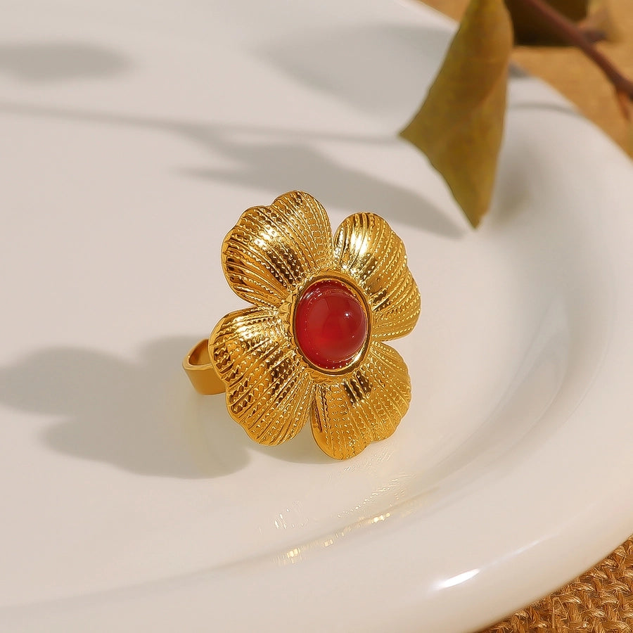 Jewelry Elegant Retro French Style Flower 304 Stainless Steel Natural Stone 18K Gold Plated Inlay Open Rings