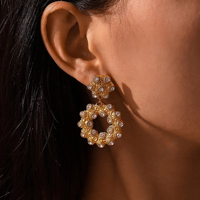 Jewelry Elegant Circle 304 Stainless Steel Rhinestones Glass Stone 18K Gold Plated Plating Inlay Earrings Necklace