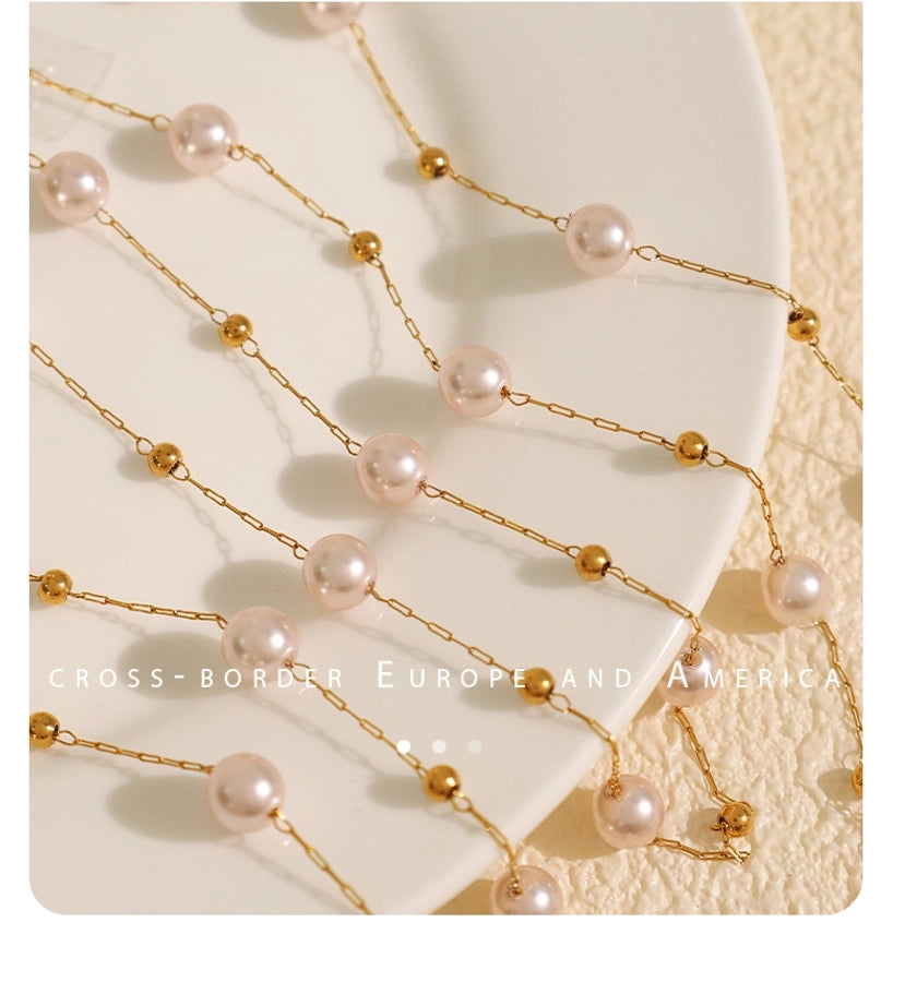 Jewelry IG Style Elegant French Style Round 304 Stainless Steel Artificial Pearls 18K Gold Plated Beaded Polishing Necklace