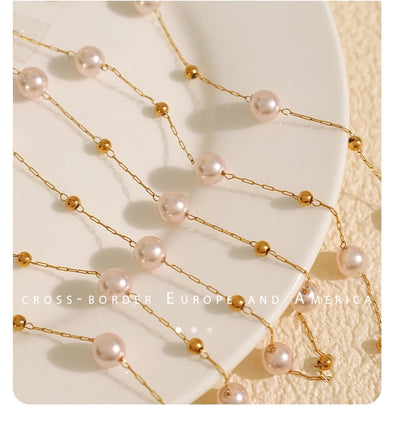 Jewelry IG Style Elegant French Style Round 304 Stainless Steel Artificial Pearls 18K Gold Plated Beaded Polishing Necklace