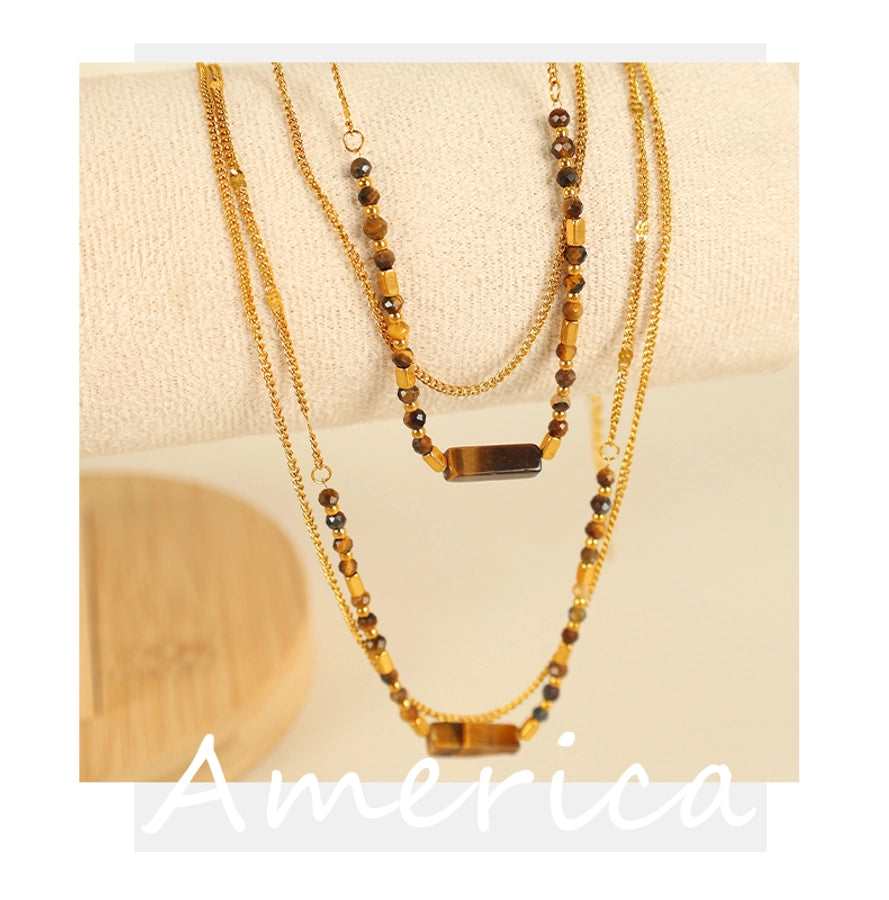 Jewelry IG Style Vintage Style Geometric 304 Stainless Steel Tiger Eye 18K Gold Plated Polishing Double Layer Necklaces