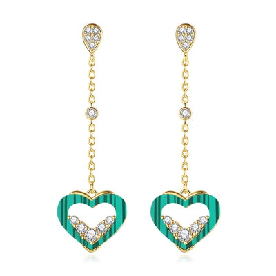 1 Pair Lady Sweet Classic Style Heart Shape Tassel Hollow Out Inlay Copper Alloy Malachite Zircon K Gold Plated Drop Earrings