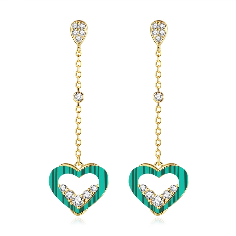 1 Pair Lady Sweet Classic Style Heart Shape Tassel Hollow Out Inlay Copper Alloy Malachite Zircon K Gold Plated Drop Earrings