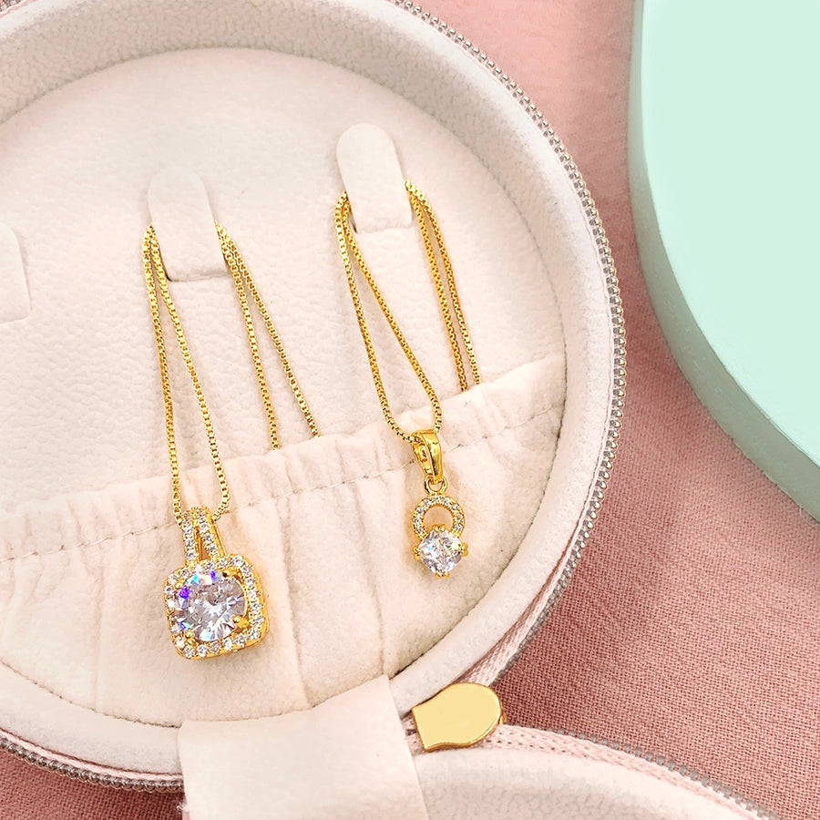 Copper 18K Gold Plated Three-dimensional Inlay Square Zircon Pendant Necklace