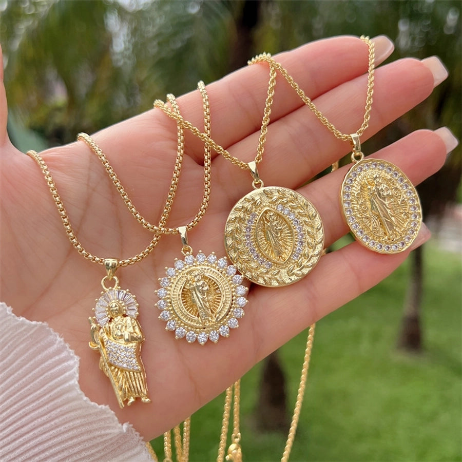 Multi-Style Copper Plating 18K Gold Inlaid Zircon Artificial Pearl Drop Oil Saint Jude round Pendant Necklace Fashion Noble Suitable for Mother's Day Valentine's Day Gift