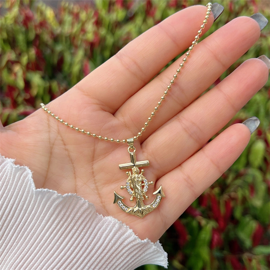 Copper 18K Gold Plated Inlay Anchor Zircon Pendant Necklace