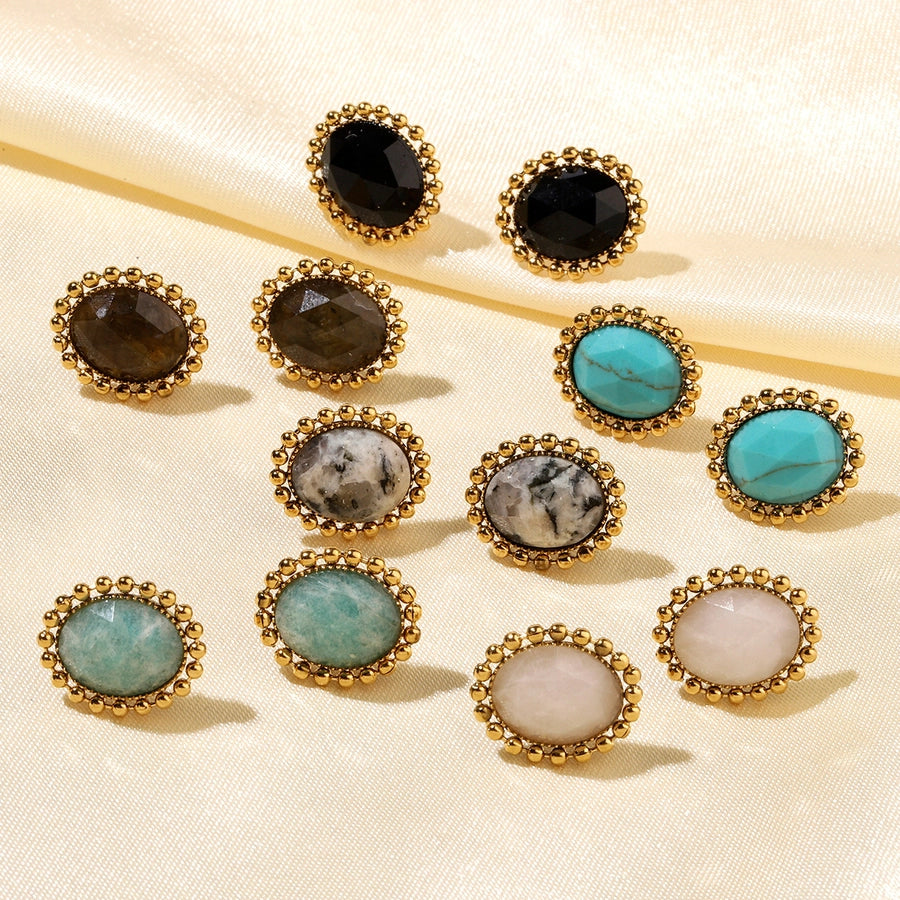 One Pack and Two Pairs Retro French Style Geometric Plating Titanium Steel Natural Stone 14K Gold Plated Ear Studs