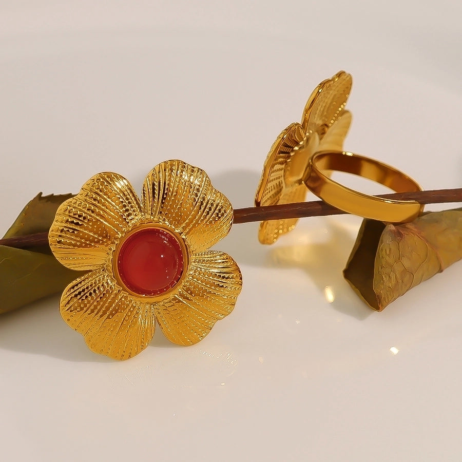 Jewelry Elegant Retro French Style Flower 304 Stainless Steel Natural Stone 18K Gold Plated Inlay Open Rings
