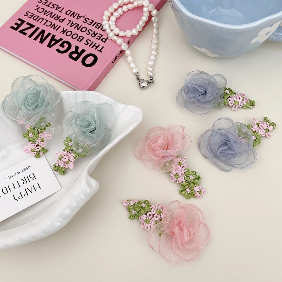 Korean Style Net Yarn Flowers Side Clip Side Fringe Hairpin Female Forehead Exquisite 2024 New Short Hair Headwear Female BB Clip