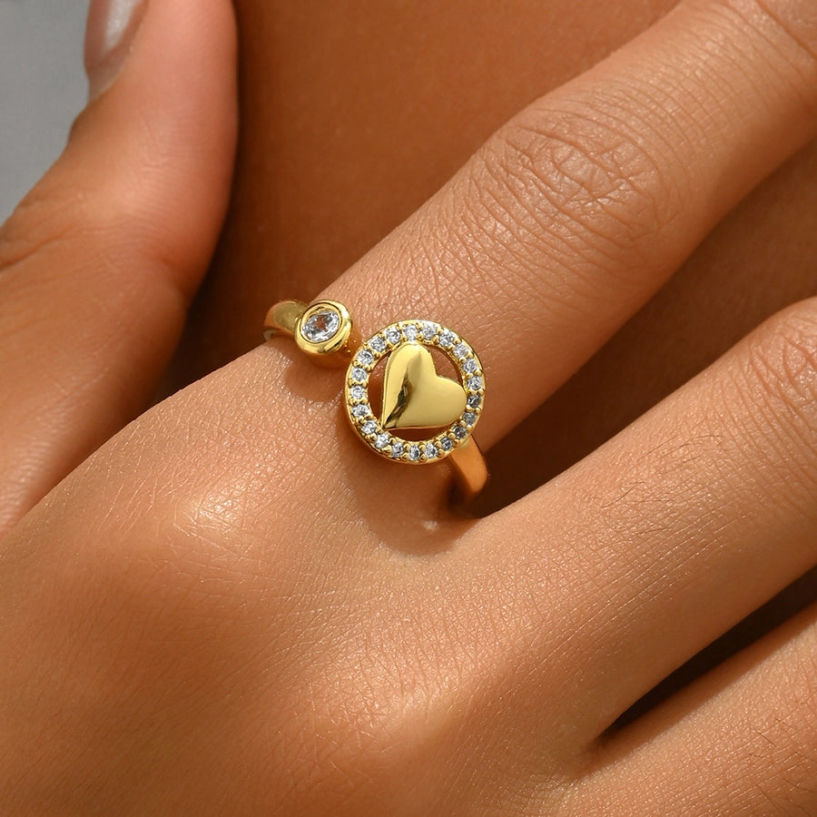 A Copper-Plated Gold Glossy Heart Inlaid Zircon Bow XINGX Sweet Light Luxury Daily Date Gift Women's Ring