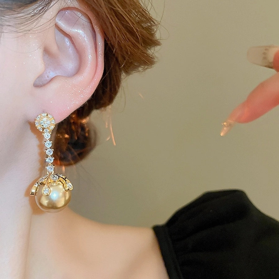 1 Pair Elegant Wedding Commute Round Inlay Alloy Rhinestones Pearl Drop Earrings