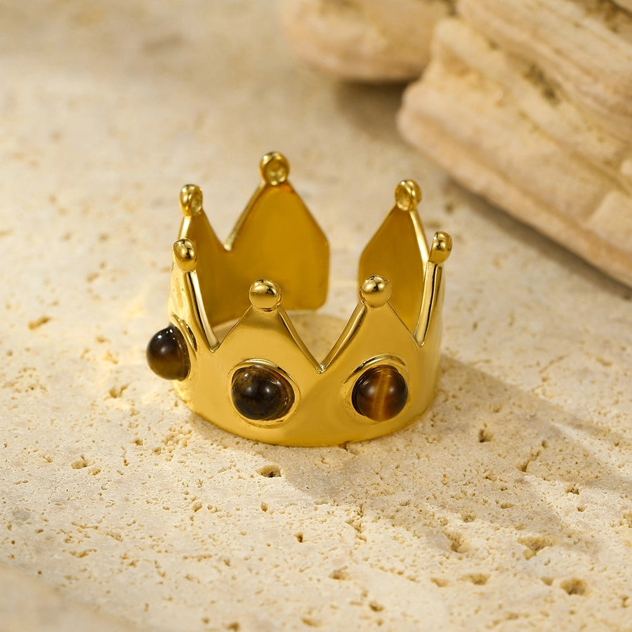 Jewelry Elegant Classic Style Crown 304 Stainless Steel Natural Stone Inlay Open Rings