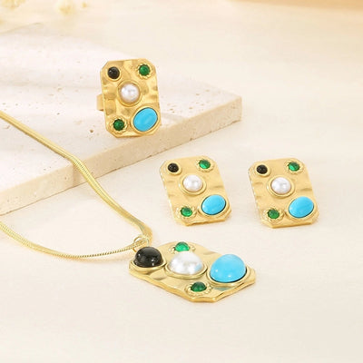 Jewelry Elegant Vintage Style Streetwear Square 304 Stainless Steel Artificial Gemstones Turquoise Pearl 18K Gold Plated Inlay Jewelry Set