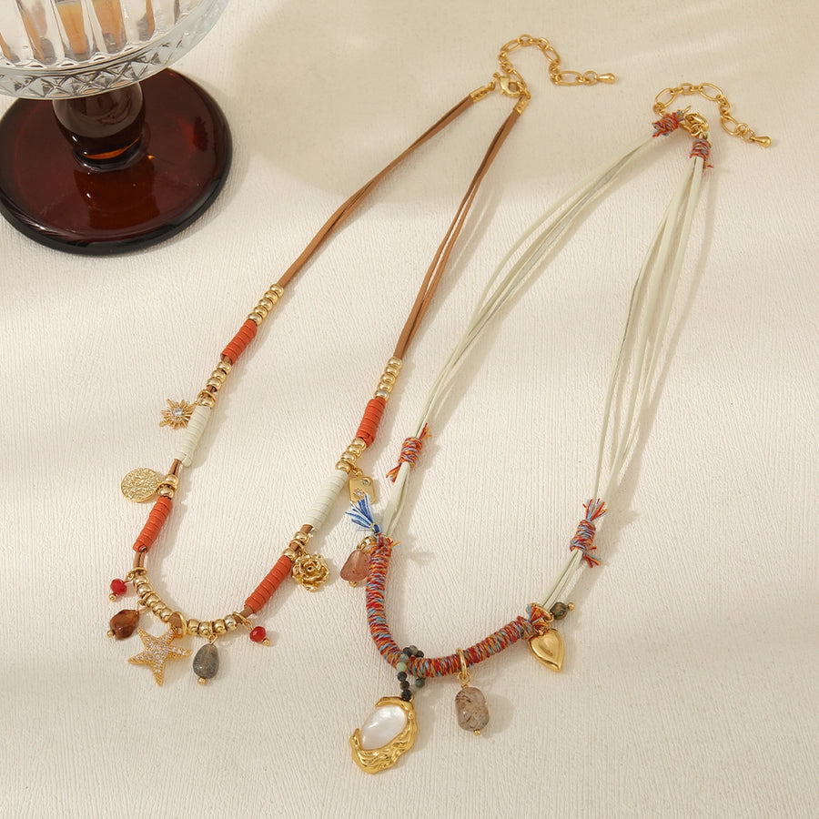 Casual Cute Commute Irregular natural stone Leather rope Copper Beaded Chain Woven Chain Necklace In Bulk
