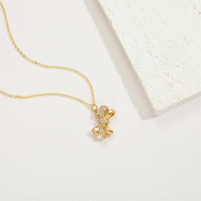 ABS Copper 14K Gold Plated Inlay Star Bow Knot Fish Bone Zircon Pendant Necklace