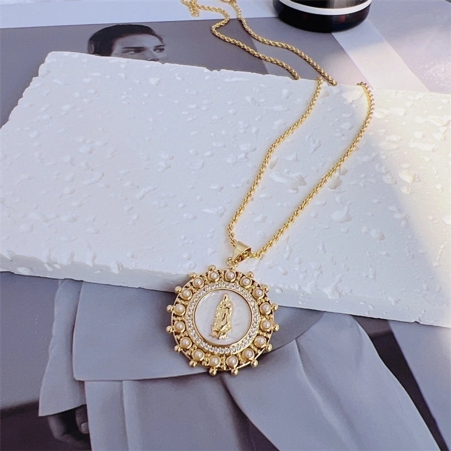 Copper 18K Gold Plated Enamel Inlay Round Virgin Mary Artificial Pearls Zircon Pendant Necklace
