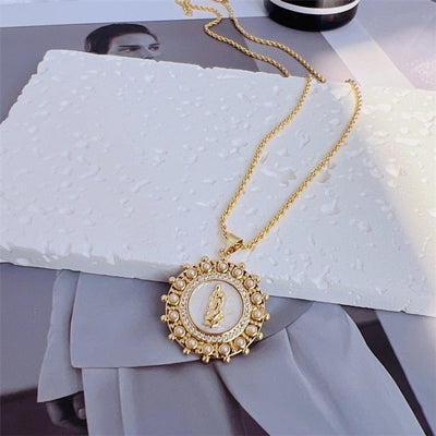 Copper 18K Gold Plated Enamel Inlay Round Virgin Mary Artificial Pearls Zircon Pendant Necklace