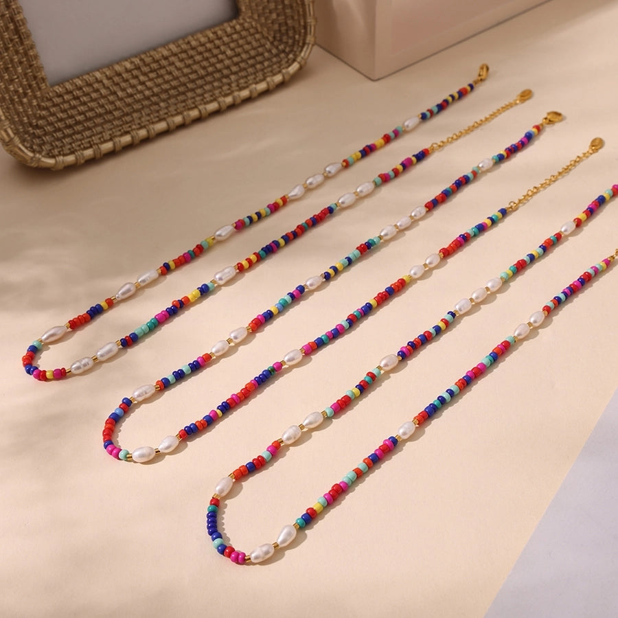 Jewelry Elegant Vacation Geometric 304 Stainless Steel Natural Freshwater Pearl 18K Gold Plated Beaded Necklace