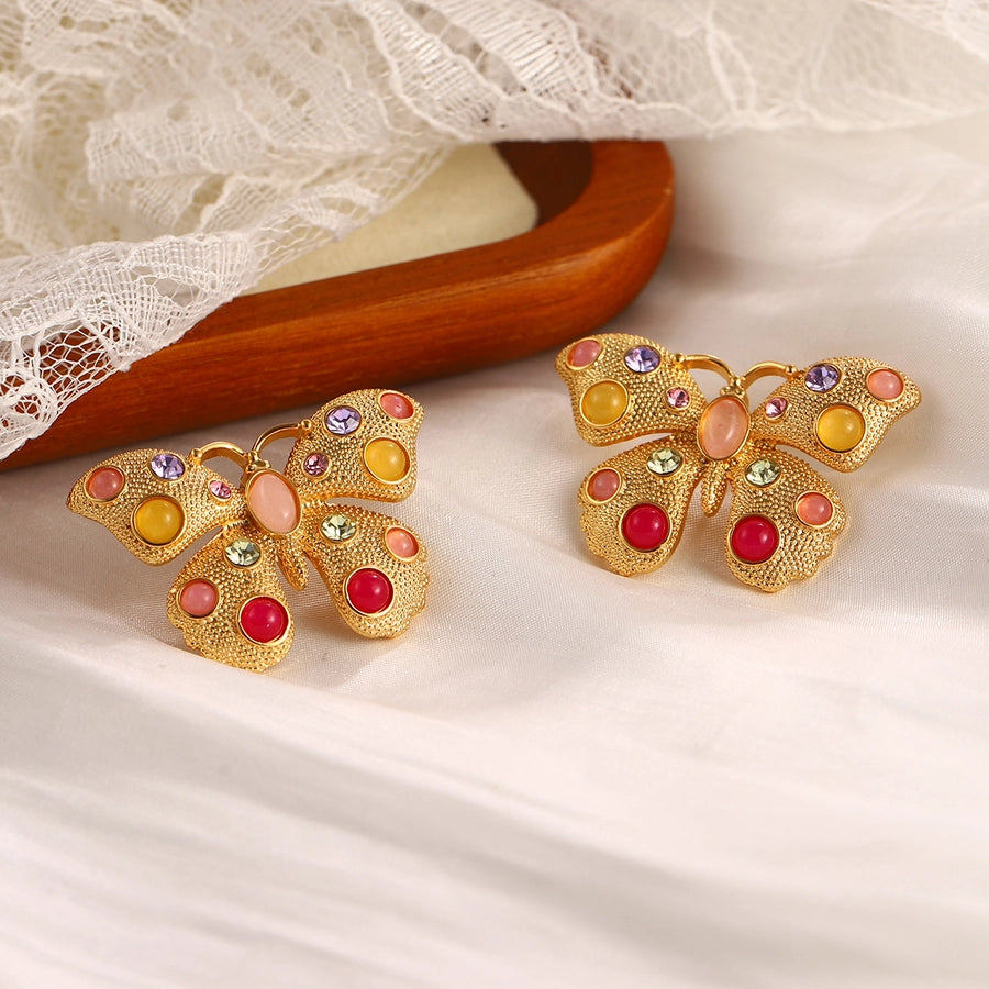 1 Pair Elegant Retro Geometric Butterfly Inlay Alloy Artificial Pearls Natural Stone Zircon 18K Gold Plated Palladium White K Drop Earrings