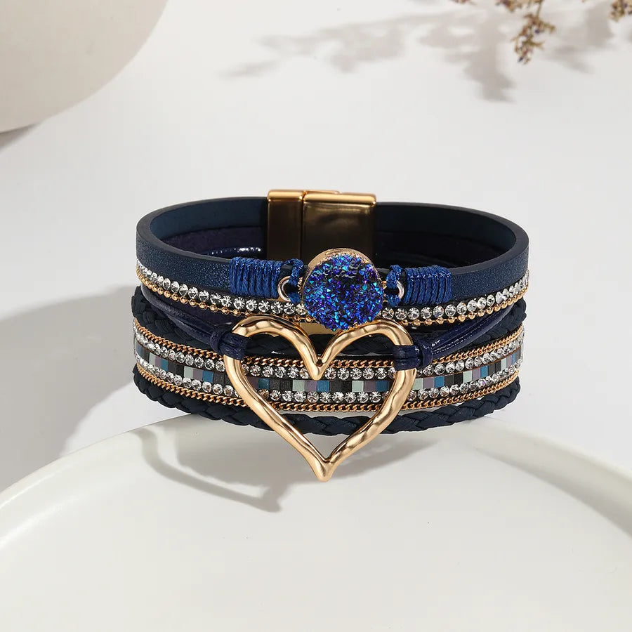 elegant classic style heart shape pu leather inlay rhinestones women's bracelets