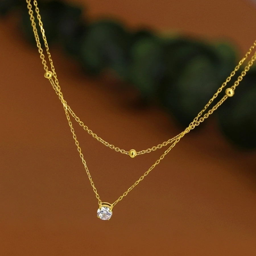 Jewelry Simple Style Round 304 Stainless Steel Zircon 18K Gold Plated Inlay Double Layer Necklaces