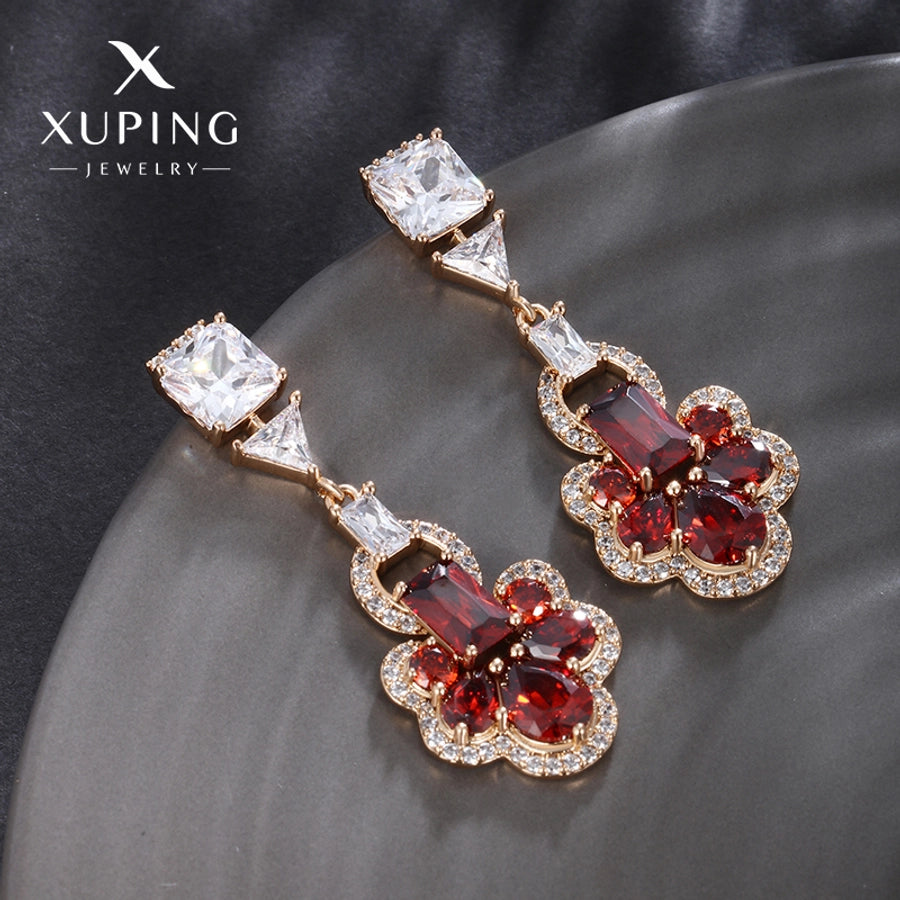 1 Pair Elegant Flower Plating Copper Artificial Gemstones 18K Gold Plated Drop Earrings