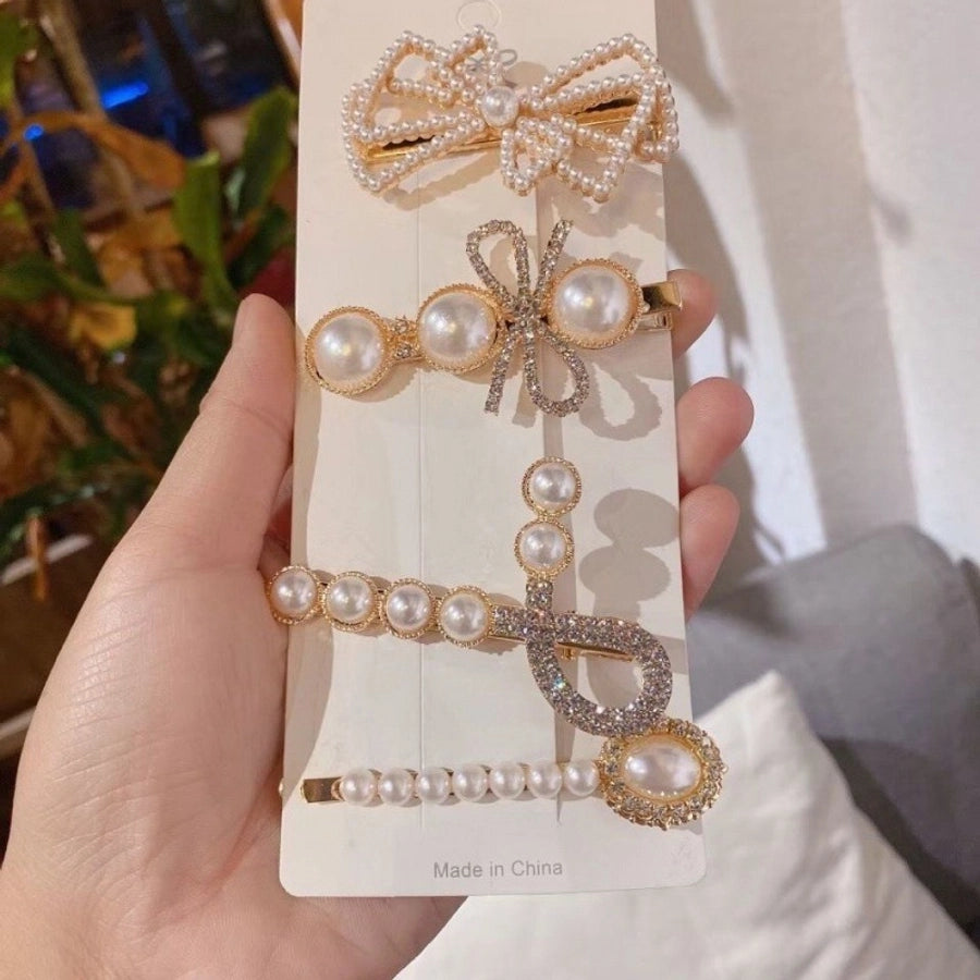 sweet plaid flower alloy pearl rhinestones hair clip 1 set