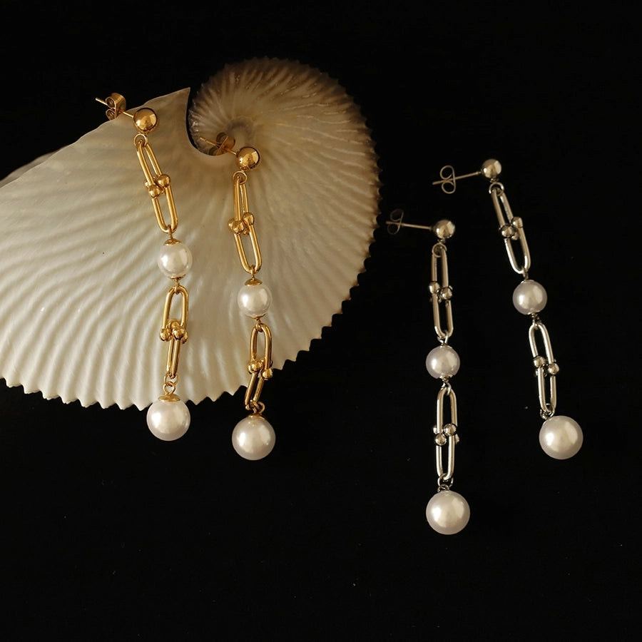 1 Pair Elegant Glam Geometric Inlay 304 Stainless Steel Pearl Drop Earrings