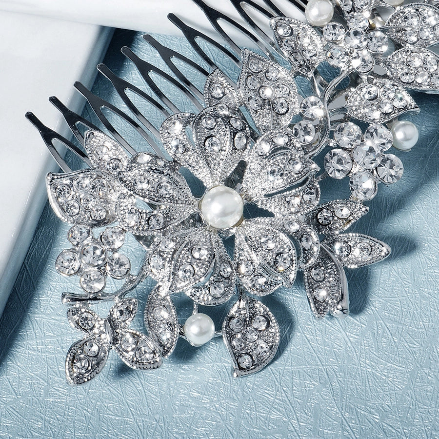 cross-border hot bride wedding decoration european and american retro alloy flower rhinestone-embedded hair comb highlight pearl hair bun hair comb
