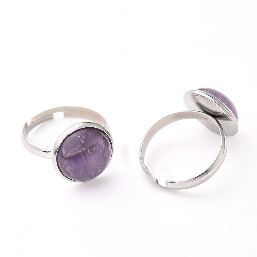 Jewelry Casual Simple Style Round Solid Color 304 Stainless Steel Natural Stone Crystal Polishing Inlay Adjustable Ring