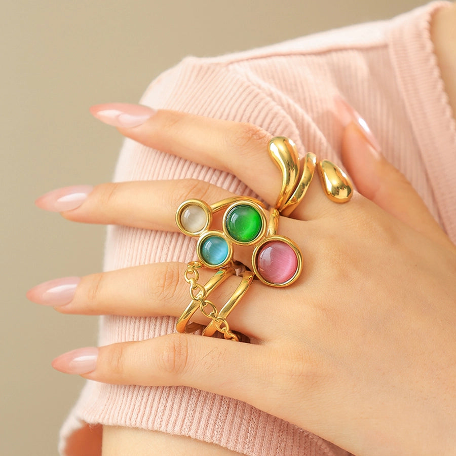 Jewelry Elegant Retro Simple Style Geometric 304 Stainless Steel Natural Stone 14K Gold Plated Inlay Open Rings