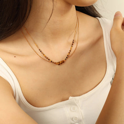 Jewelry IG Style Vintage Style Geometric 304 Stainless Steel Tiger Eye 18K Gold Plated Polishing Double Layer Necklaces