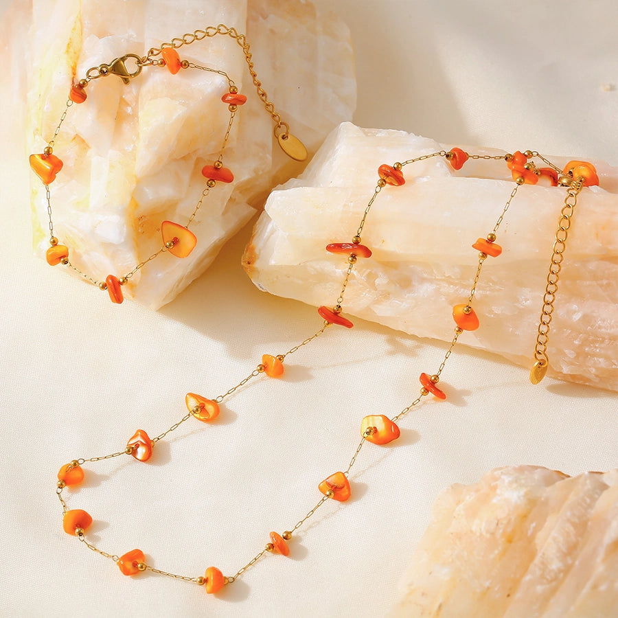 Style New Orange Natural Stone Necklace Bracelet Stainless Steel Clavicle Chain Fashion Personalized Jewelry Suit
