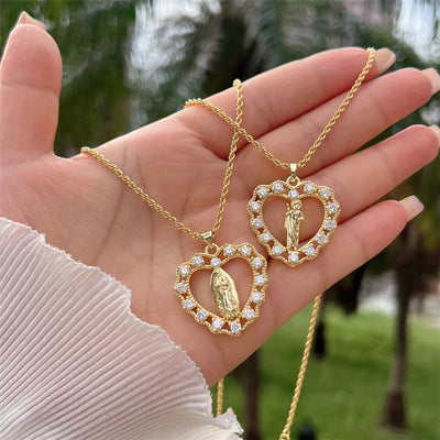 Copper 18K Gold Plated Inlay Human Virgin Mary Heart Shape Artificial Pearls Zircon Pendant Necklace