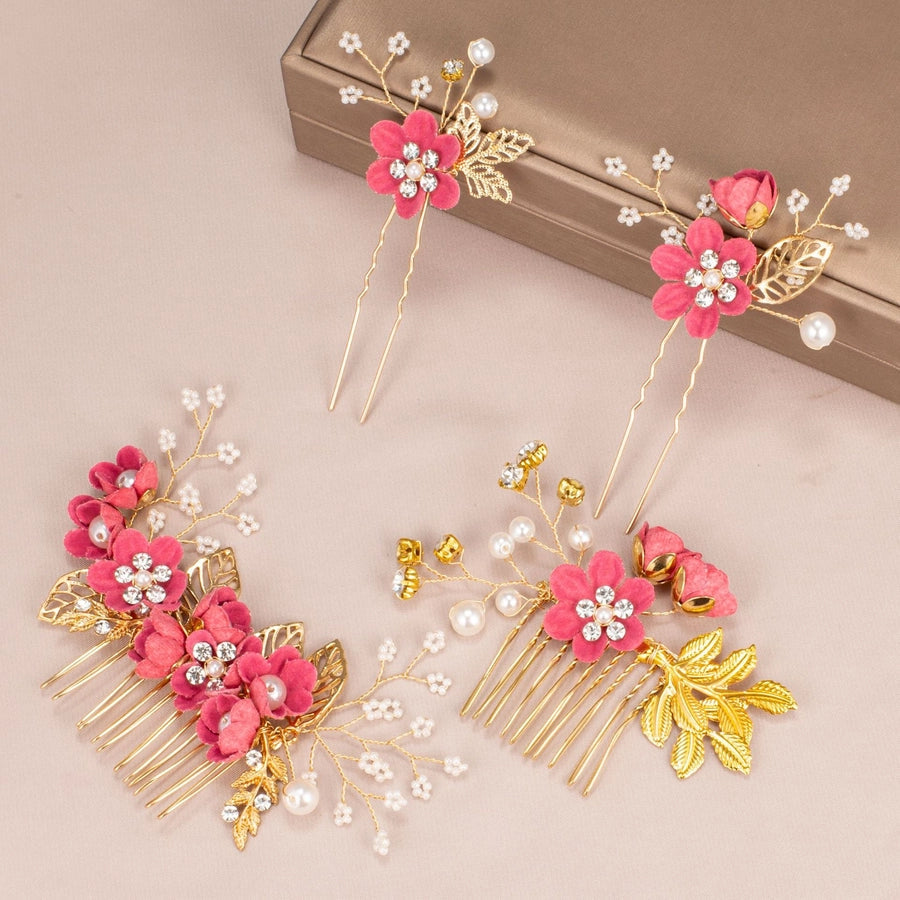 Women's IG Style Sweet Flower Cloth Metal Handmade Pearl Inlay Rhinestones Insert comb