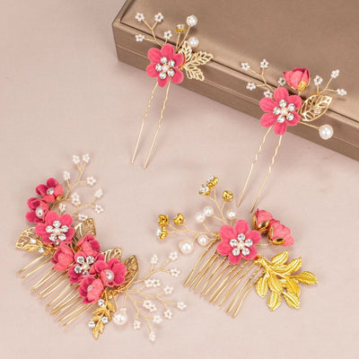 Women's IG Style Sweet Flower Cloth Metal Handmade Pearl Inlay Rhinestones Insert comb