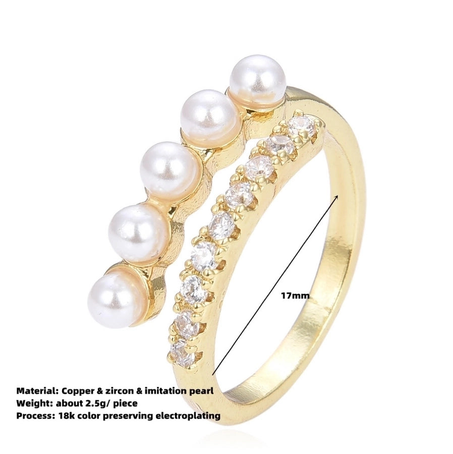Copper Plating 18K Color Retaining Glossy Zircon Imitation Pearl Open Ring