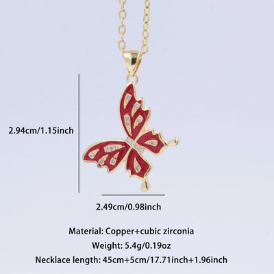 Copper 18K Gold Plated Epoxy Inlay Butterfly Zircon Pendant Necklace