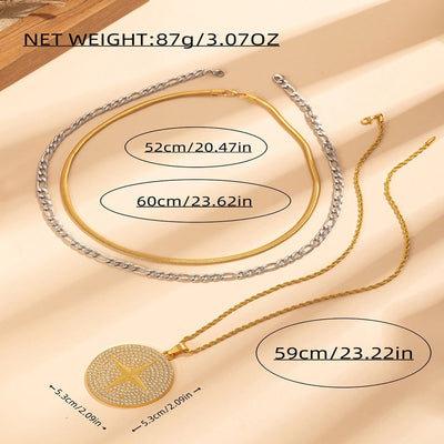 Jewelry Punk Round 201 Stainless Steel Copper Zircon Inlay Three Layer Necklace