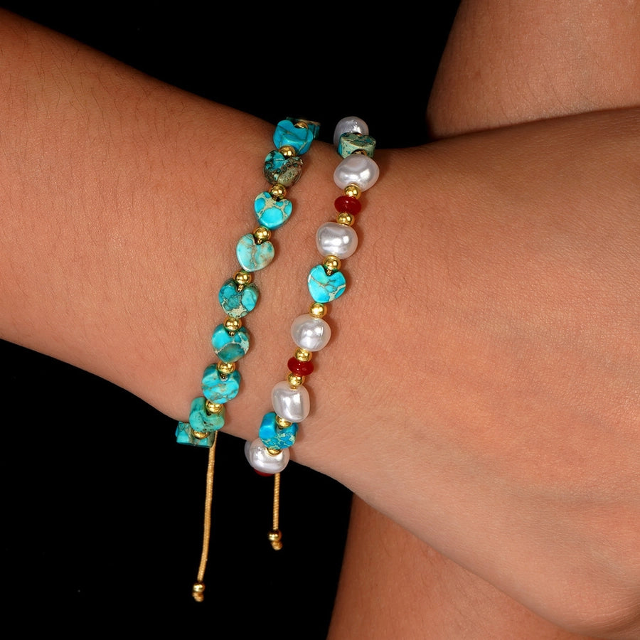 Europe and America  Hot-Selling New Arrival Bohemian Style Imitation Pearl Natural Stone Peach Heart Beads String Bracelet Fashion 2-Piece Set