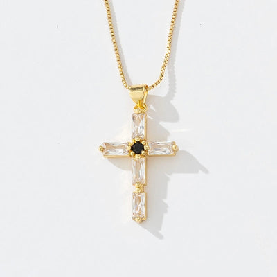 Copper box chain 18K Gold Plated Inlay Carving Cross Zircon Pendant Necklace