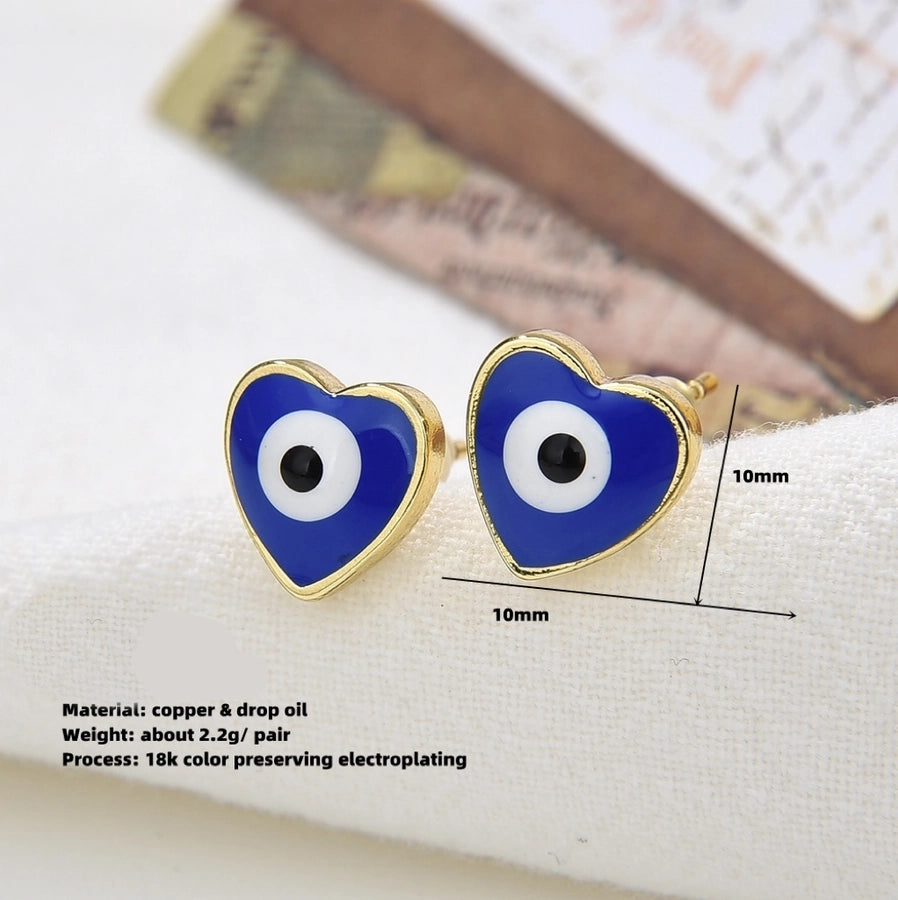 Copper Plating 18K Color-Retaining Dripping Glossy Heart Shape Eye Ear Studs Earrings