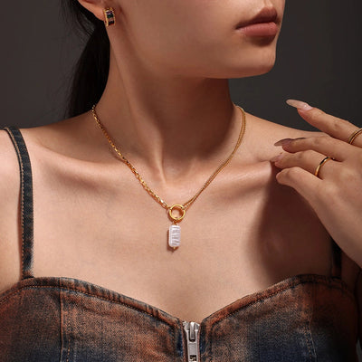 Jewelry Elegant Vacation Rectangle 304 Stainless Steel Baroque pearl 18K Gold Plated Pendant Necklace