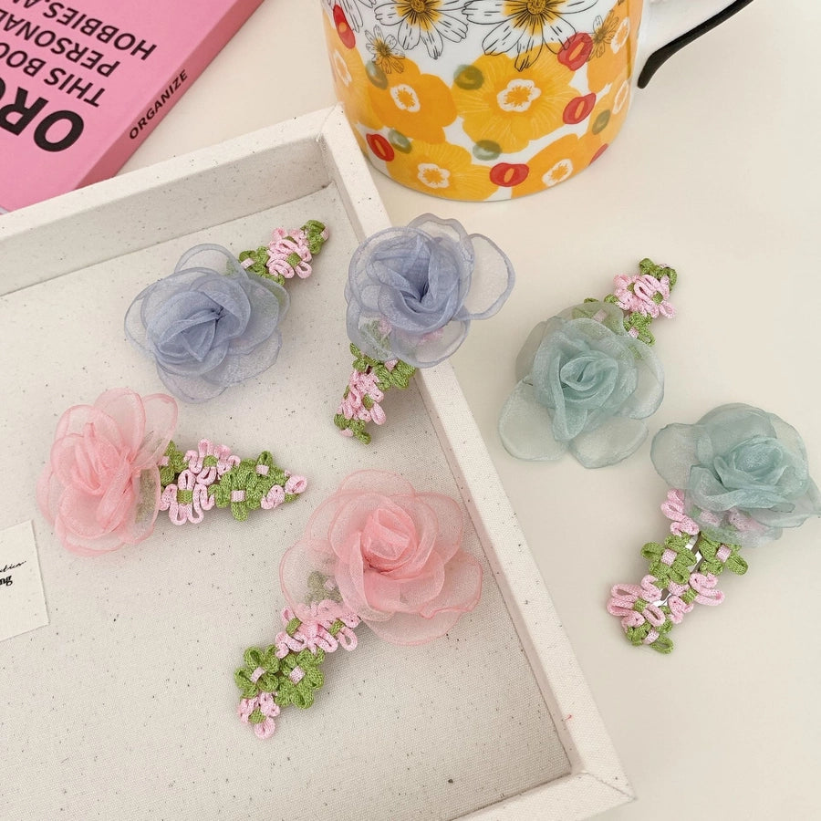 Korean Style Net Yarn Flowers Side Clip Side Fringe Hairpin Female Forehead Exquisite 2024 New Short Hair Headwear Female BB Clip