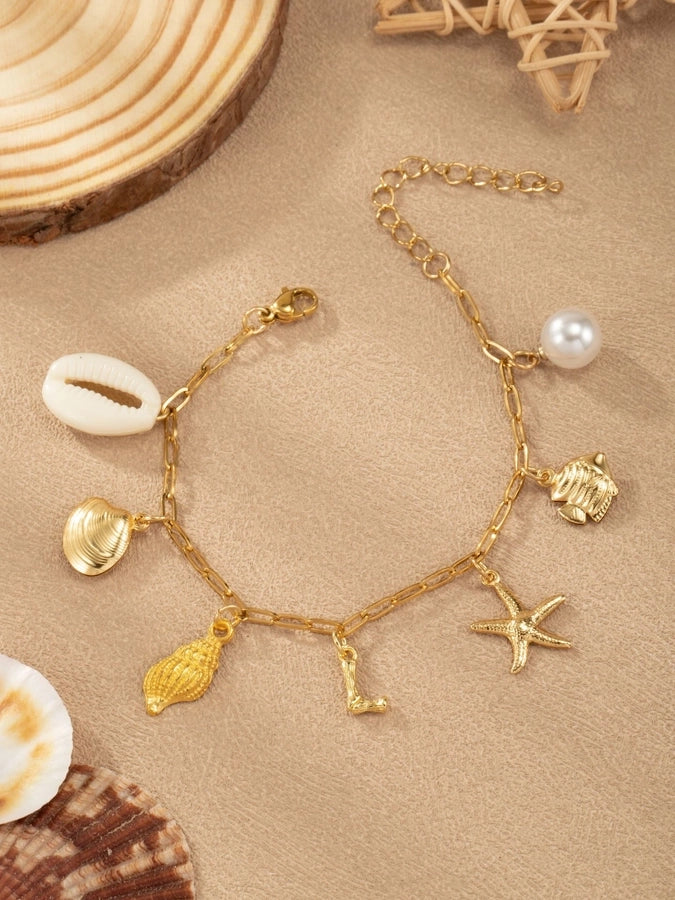 Marine Style Letter Starfish Conch 304 Stainless Steel Bracelets In Bulk